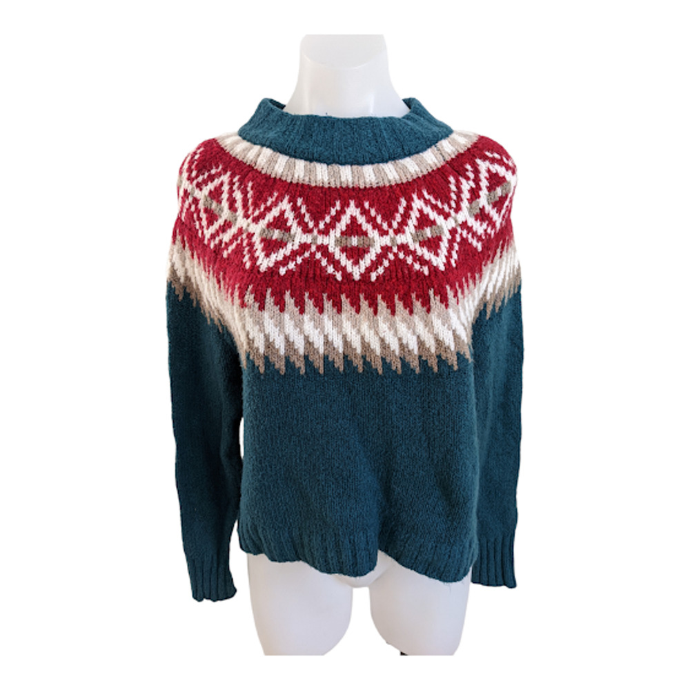 American Eagle Small Fair Isle Knit Sweater Teal Red Tan Mock Neck Long Sleeves